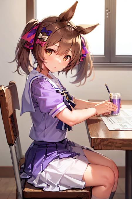 masterpiece, best quality, 
smart falcon \(umamusume\), 
sitting, on chair, table, from side,
hair bow, hair ribbon, tracen school uniform, summer uniform, serafuku, puffy short sleeves, purple bowtie, horseshoe ornament, sailor collar, sailor shirt, purple shirt, white skirt, pleated skirt, frilled skirt, 
<lora:smart_falcon_loha:0.6>