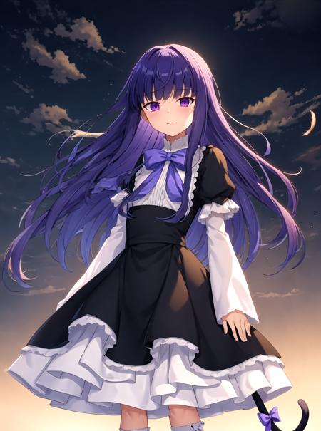 masterpiece, best quality, outdoors, red lights everywhere, frederica bernkastel, hands behind your back, background empty field to the horizon, dark background,  dark clouds sky , 1girl, tail, solo, purple eyes, dress, long hair, cat tail, blue hair, bow, ribbon, kneehighs, frills,    <lora:Frederica Bernkastel anyloraCheckpoint8ep26ryes40-000006:0.7>