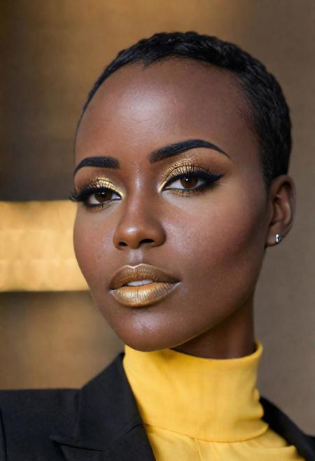 an eye contact of a Ugandan woman, (black skin:1.3), yellow spotlight, dark theme, lonely, Lavish, Matte black eyeshadow with a cut crease, metallic lipstick, golden ratio, Almond-shaped eyes, Freckles, indietronica, soft lighting, bokeh, selfie at work, strong feminine, business, office, (formal clothing:1.2), cleavage, mood, pouted mouth, long eyelashes