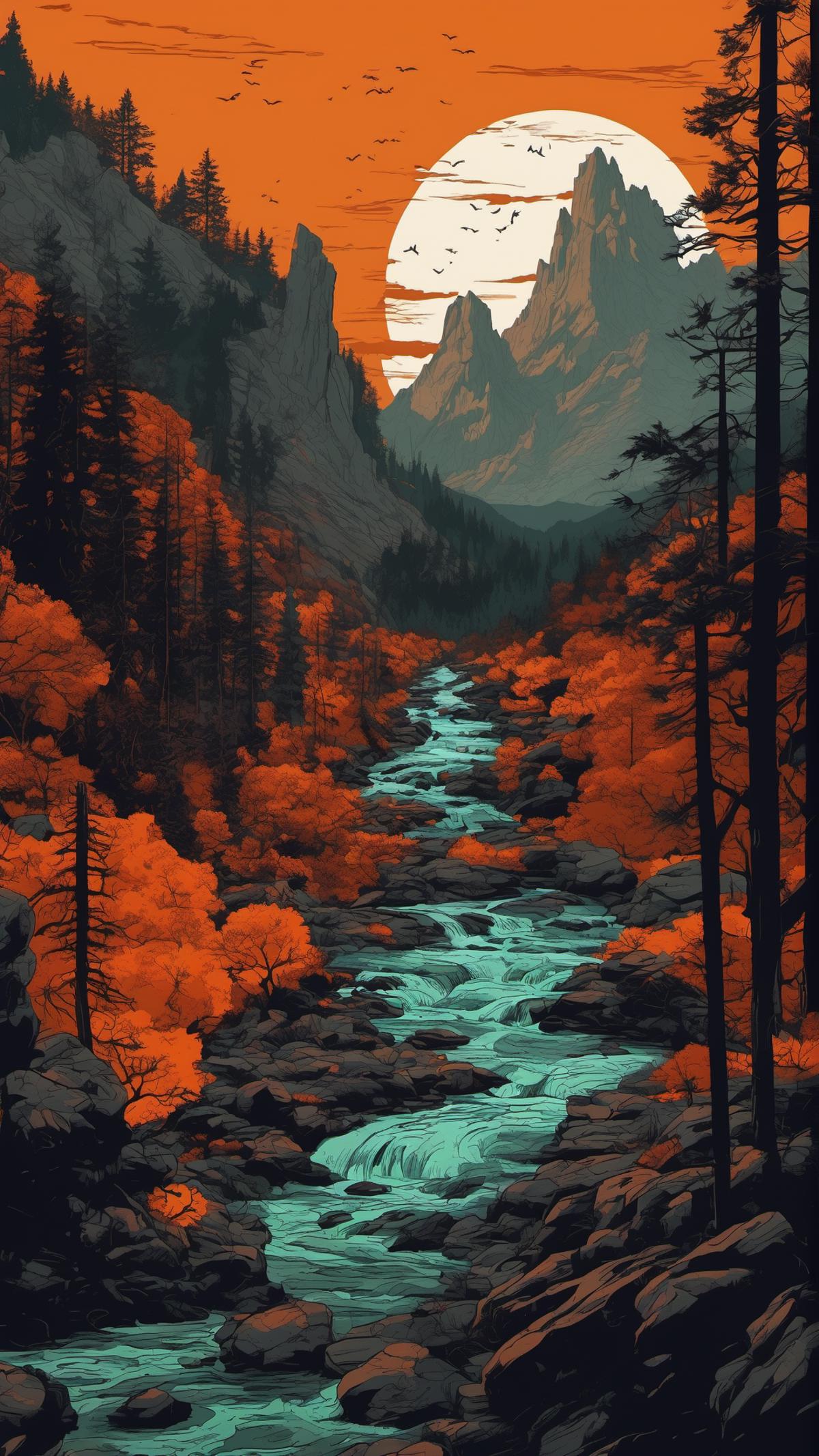 The image is titled "River in the Mountains."
