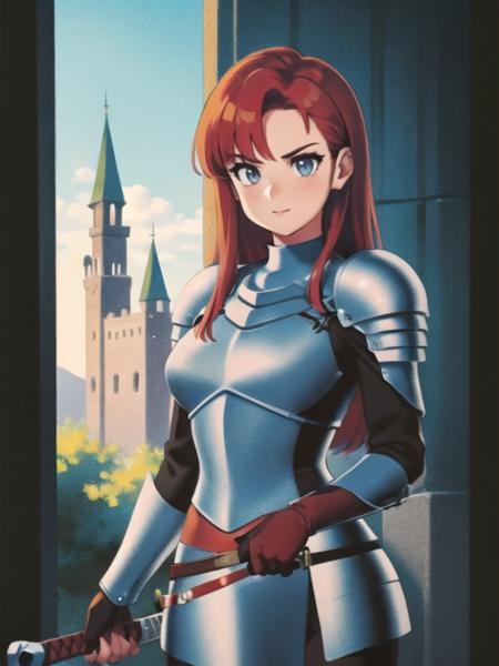 (best quality, masterpiece, illustration:1.1), 1girl, female knight, full metal armor, red hair, grey eyes, holding sword, castle, sidelighting, (cowboy shot:1.2), <lora:NoiseFormBeta:0.9>,