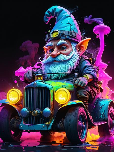 Steampunk neon colors graffiti, cartoon style illustration of gnome car mechanic, splash art, splashed neon colors, neon glowy smoke) motion effects, best quality, wallpaper art, UHD, centered image,