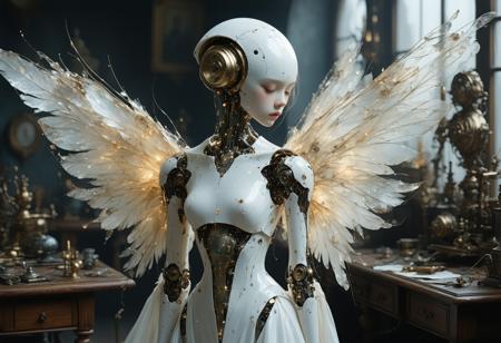 A melancholic, ethereal girl, seamlessly blending organic and mechanical elements. She is an automaton, a delicate android constructed with porcelain skin and intricate clockwork mechanisms visible beneath translucent panels. Gossamer wings, crafted from polished brass and shimmering feathers, sprout from her back, hinting at a lost dream of flight. Her eyes are large and expressive, filled with a quiet sadness and a touch of longing. The background is a dimly lit Victorian workshop filled with half-finished inventions and scattered tools. Cinematic lighting, photorealistic, 8k resolution, octane render, volumetric light, inspired by Gustav Klimt and HR Giger, steampunk aesthetic, ethereal, dramatic composition, sense of loneliness.