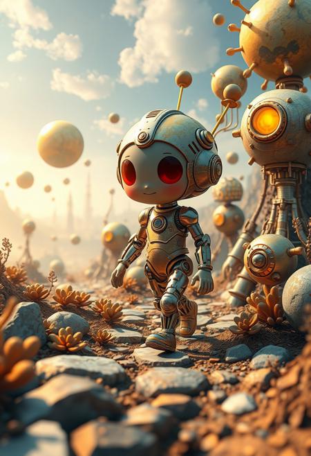 Bright, vibrant colors: adorable, charming figure walking through a surreal biomechanical landscape.  Floating spheres, glowing orbs, infinite sky, organic and mechanical fusion, gold, blue, bronze hues, lively and energetic.