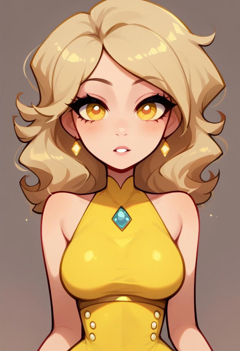 (8k resolution, score_9, score_8_up, score_7_up, absolute masterpiece, best quality, ultra detailed), upper body portrait of a seductive blonde woman with short wavy hair. (yellow eyes:1.3), standing with her shoulders pushed back, arching her back to emphasize her petite perky chest, arms down with her hands resting on her slim waist. Large hips. She wears a tight, glossy yellow outfit with exposed shoulders and a low neckline, revealing her petite and perky breasts. Behind her, a stormy sky rumbles with dark clouds and flashes of lightning, casting dramatic lighting that highlights the shine of her outfit. Her expression is alluring, her posture exuding confidence, as the energy of the storm crackles around her.