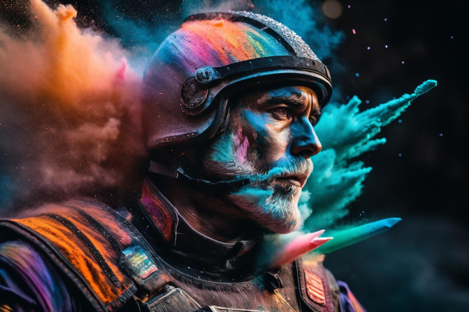 Colorful Rainbow Man in a Helmet with Painted Face and Arm