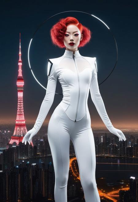 an android woman holding a giant black circle in bold lines intersected by a thick lines held up in hands,  symmetrical symbol,
In the background: ((An enormous city sprawl with a city skyline reaching for the stars,
Aleph Tower, centre for the AI that rules the Human civilization, in a glittering city of glass and shining metal,
   bright sunlight under a pitch black sky.
twice five miles of urban sprawl,
, slick suit, white top with thin shoulder straps, mechanical limbs, joints, metal face,( full body portrait:1.5), petite body, fake red hair with flowing curls, pale plastic skin, painted blush on cheeks, red lipstick, proud)),  
Photographer Reuben Wu Style