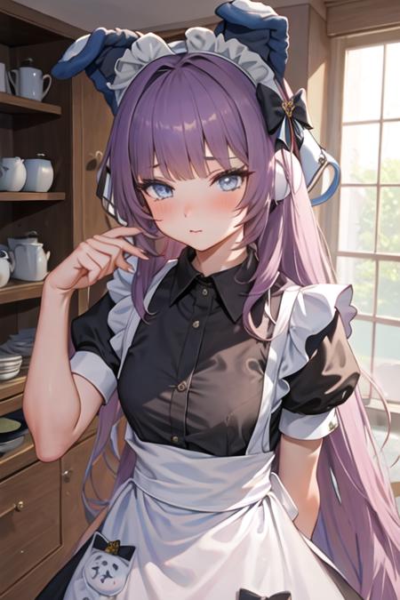 best quality, masterpiece, highres, solo, {maid:1.40}, {long maid dress:1.15}, {tashkent_azurlane:1.15}, long_hair, purple_hair, blue_eyes, blush, bangs, animal_ears, very_long_hair, fake_animal_ears, ribbon, hair_ribbon, hair_ornament