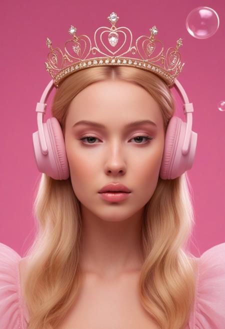 This image depicts a visually striking, stylized illustration of a young woman with a whimsical, fantasy-inspired aesthetic. The subject has long, golden blonde hair adorned with a sparkling tiara or crown, adding an element of regal elegance to her appearance.
The woman is wearing a pink, form-fitting outfit that accentuates her figure, complete with a matching set of oversized, pink headphones. She has a pensive, thoughtful expression on her face as she appears to be deep in concentration, perhaps listening to music or lost in her own thoughts.
The background is a vibrant, saturated pink hue, creating a dreamlike, almost surreal atmosphere. Various pink, bubble-like shapes float around the woman, contributing to the fantastical, imaginative quality of the overall composition.