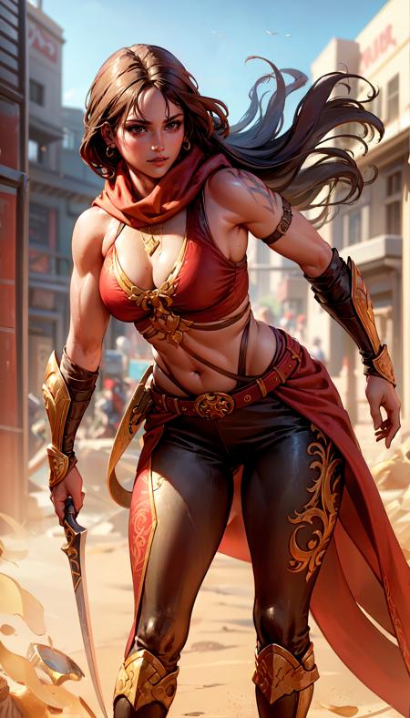 long hair black hair brown eyes gold headband armor red cape armguards leather belt black pants tall boots scarf muscular female