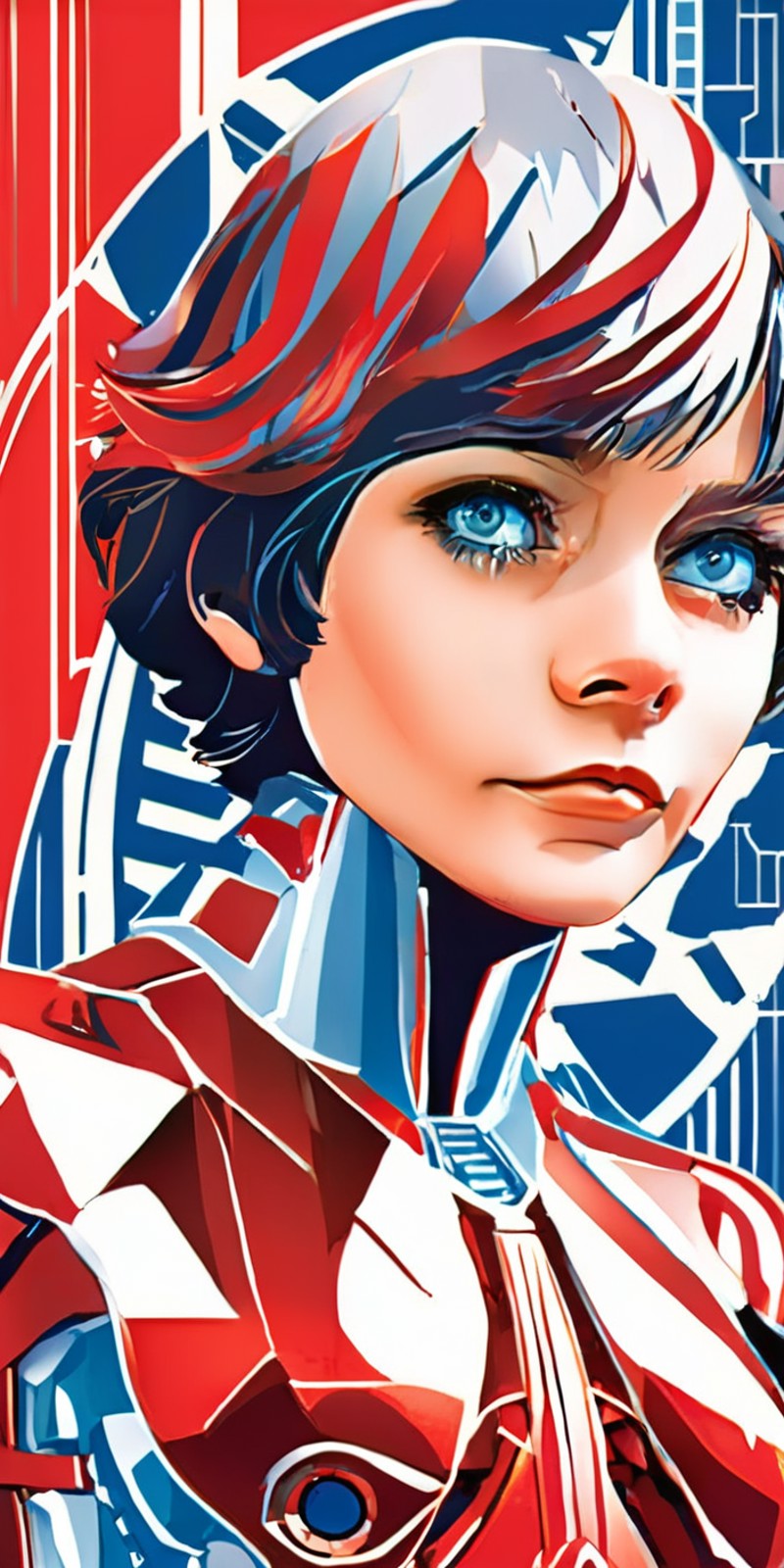full body illustration of Alisa Selezneva short hair big blue eyes Female Soviet Superheroine in high tech red mecha armor
