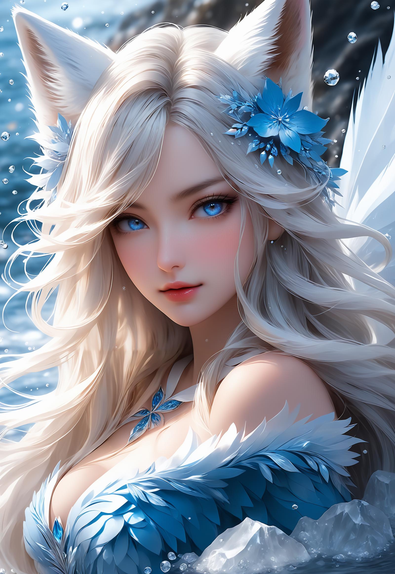 A beautiful white-haired anime girl with blue eyes and a blue flower in her hair.