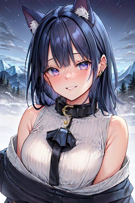 ((winter forest and mountains)), (neko ears, upper body, full face), gradient dark blue eyes, long bangs, hair fall on the chest, small chiny lips, masterpiece, high resolution, best quality, hdr, detailed skin texture, white skin, one hair clip, small earring, ultra detailed eyes, ultra detailed background, ultra detailed clothes, ultra detailed body, (((graceful hairstyle, gradient dark blue hair, winks))), ((nomad's winter clothing with a fur coat collar)), soft colors, long hair, smiling, (extremely detailed CG unity 8k wallpaper,masterpiece, best quality, ultra-detailed), (best illumination, best shadow, an extremely delicate and beautiful),dynamic angle, floating, finely detail, Depth of field (bloom), (shine), classic, warm clothes, coat, <lora:mignon:0.6>