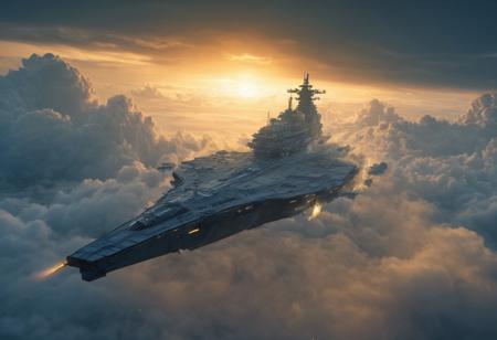 An enormous space battleship emerges from a cloud wall deep within the atmosphere of an alien world. Towering sulfur and methane clouds. A deeply alien landscape below.