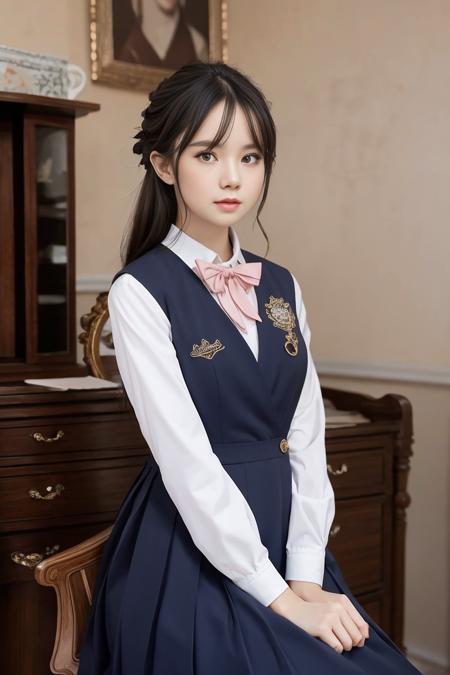 1girl, solo, fair skin, parted lips, half length, 8k, ultra high res, ultra detailed, best quality, looking at viewer, perfect lighting, flat light, ultra high quality, ultra high res, masterpiece, photorealistic, detailed face, perfect anatomy, vest, school uniform, night time setting, JKvskt,  <lora:JKvestskirtLora_v2:0.8>