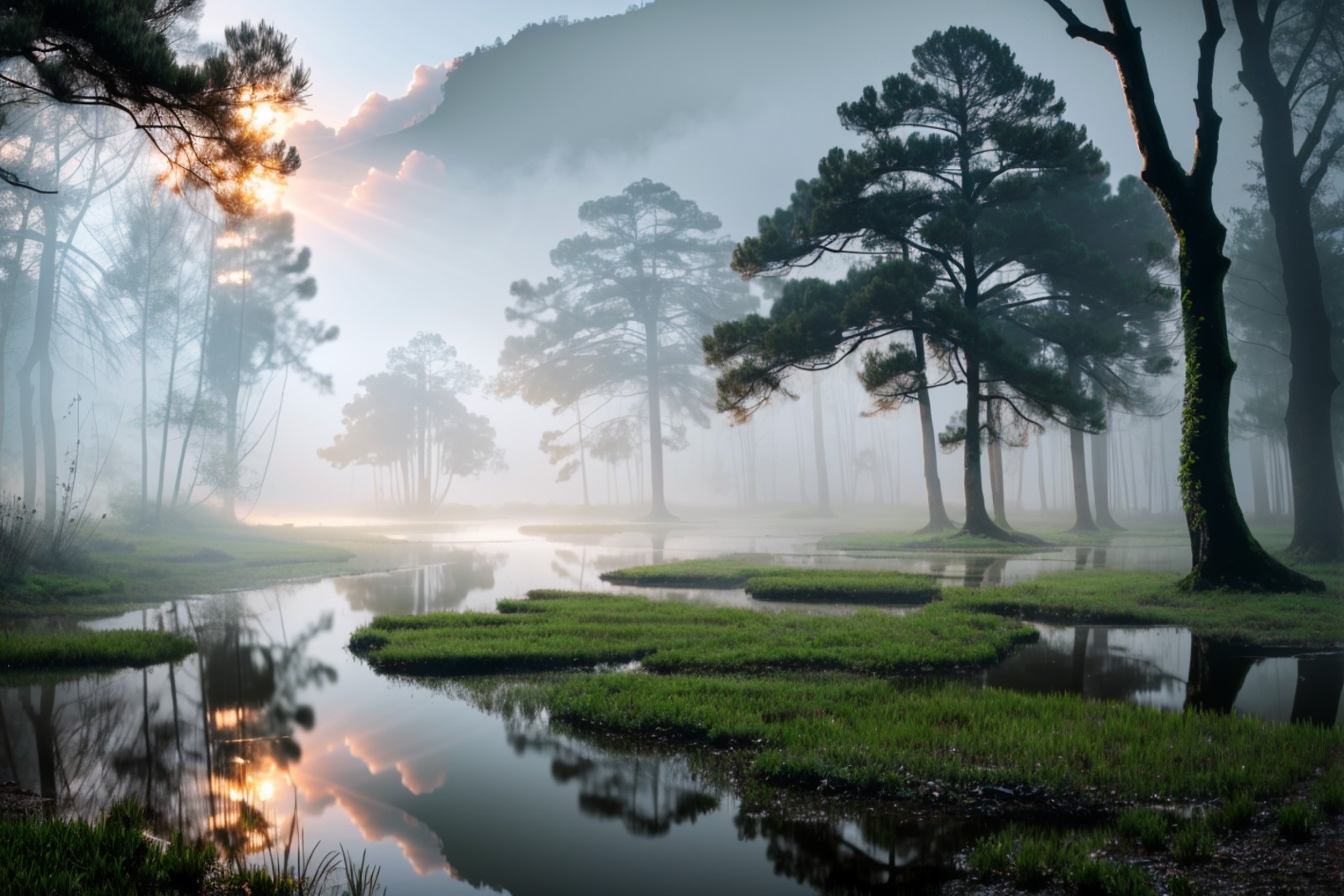 stunning view digital art of a picturesque nature of a foggy swamp in a spring [imagination] in the morning dawn, snowing ...