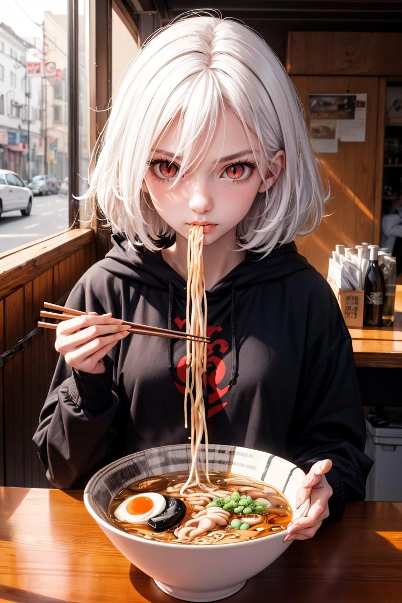 A woman with white hair eating noodles in a bowl.