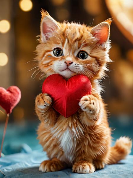close midshot, high detail, 8k, photorealistic, random cute fluffy orange tabby kitten holding a heart, rule of thirds depth of field intricate details, concept art, vivid colors, futuristic design, attention to detail, grandeur and awe, stunning visual masterpiece, fantastical realm, hard light, water,