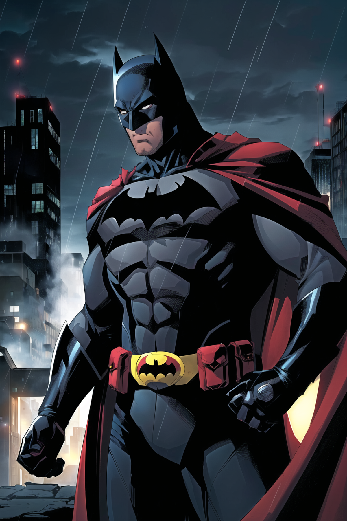 A Batman cartoon image with a red cape.