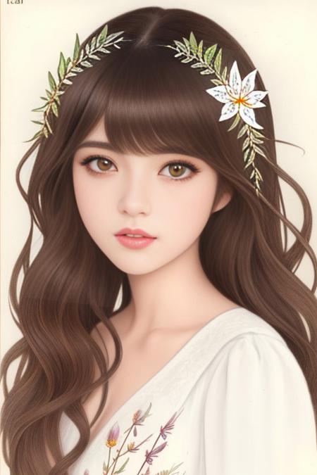 masterpiece,best quality, upper body protrait of (Wsxff:1.3), brown long wavy hair, bangs, big eyes, parted lips,  black eyes,, Sketch, masterpiece, best quality, extremely detailed, 1girl, full body, beautiful detailed eyes, cute anime face, full body, beautiful detailed face, white hair, (Botanical illustration:1.5), white dress