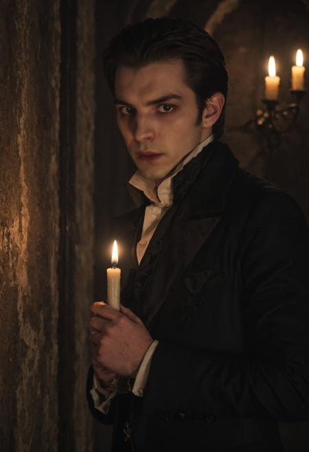 cinematic film still (face ultra close-up:1.3) of a young vampire aristocrat man with (tapetum:1.3), holding a candle next to his face, warm candle light, dramatic shadows, standing in a dark castle hallway, dark suit, creepy atmosphere of gothic horror films, his face fills the entire frame  <lora:tapetum_sdxl-000011:1.25>