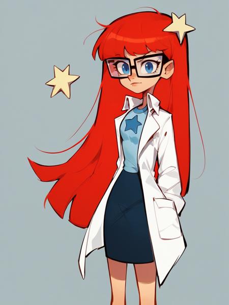 jt, labcoat, glasses, red hair, long hair, susan test, 1girl, blue eyes, star (symbol), skirt, solo jt, labcoat, glasses, red hair, long hair, 1girl, mary test, blue eyes, crescent, ponytail, solo,  jt, labcoat, glasses, red hair, long hair, susan test, 2girls, blue eyes, mary test,