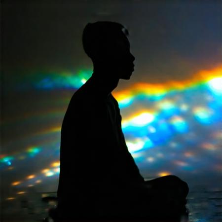 otherworldly atmosphere,  while the environment exudes a tranquil, ��Suspended in a dreamlike space, ��A figure sits in a contemplative pose,  seemingly faceless,  captured in mid-pose against a backdrop of shimmering light refracting through a spectrum of colors. The figure,  casting an ethereal aura against a dark backdrop that emphasizes the details of the structure. The scene evokes both the fragility and resilience of life,  drawing attention to the figure while fostering an otherworldly mood that transcends traditional representation. This composition seamlessly blends elements of modern art and photography,  blurring the lines between the corporeal and the cosmic.