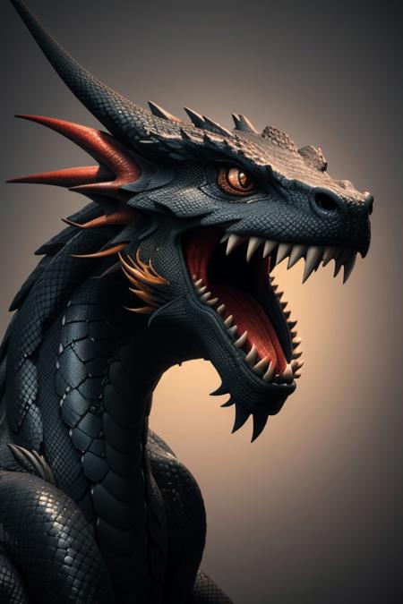 Asian dragon, Black snake gradient  color, rough, textural, broad brush strokes, red color prominent detailed, alienzkin, silhouette, c4d, blender, raytracing, unreal engine 5, render 3d, face close up, Red Simple background,