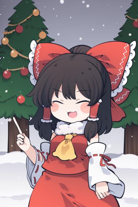 cha, 1girl, chibi, (hakurei reimu:1.2), (cowboy shot:1.2), happy, puffy clothes, outdoors, christmas tree, christmas, japanese city street, winter, snow, snowing, by Zinaida Evgenievna Serebryakova