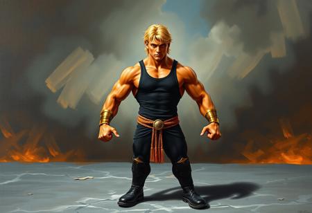A beautiful gorgeous oil painting, rendered in a majestic Raphael Style with intricate Houdini Style details, depicting a muscular Elemental HERO Captain Gold with blonde hair. He is the sole object, positioned centrally, dressed in a black tank top and black boots, standing on a textured gray surface. His arms are robustly flexed, showcasing his detailed muscles, and his legs are slightly apart, poised in a powerful stance of readiness, suggesting he is the main focus. The Gold Pride - Chariot Carrie background is painted as an attractive, detailed environment concept, featuring stunning and harmonious colors, creating an immersive matte painting. This 4K, 8K, hyper-detailed artwork boasts a cinematic composition with captivating, dynamic dramatic lighting, highlighting sharp lines and brush strokes. The intentional focus on Captain Gold's well-timed moment, vivid emotions, and beautiful detailed eyes conveys a powerful message, making this an exquisite example of contemporary aesthetics and balanced editing.