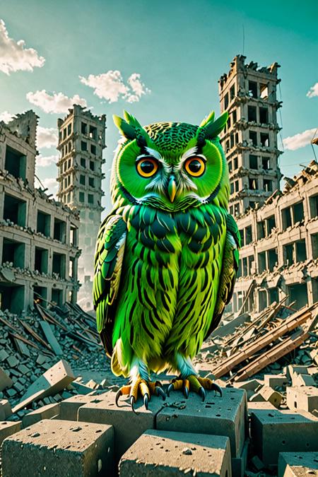 In a post-apocalyptic world, a giant green owlet duo (duolingo) shoots green lasers from its eyes and destroys the city. Ruins of city. The landscape is filled with ruins of modern houses. Low wide angle. Best quality. Breathtaking photo, dramatic light, award-winning, professional, highly detailed, 8k