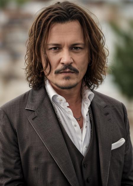 johdpe1, solo, looking at viewer, brown hair, shirt, 1boy, jacket, white shirt, upper body, male focus, collared shirt, blurry, black jacket, depth of field, blurry background, facial hair, formal, suit, beard, realistic, mustache, stubble