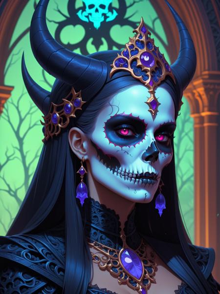 Gothic style skull demon king concept art portrait by Casey Weldon, blacklight Olga Kvasha, Miho Hirano, hyperdetailed intricately detailed gothic art trending on Artstation triadic colors Unreal Engine 5 detailed matte painting, deep color, fantastical, intricate detail, splash screen, complementary colors, fantasy concept art, 8k resolution, gothic deviantart masterpiece, . Dark, mysterious, haunting, dramatic, ornate, detailed