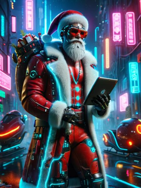 ral-santa, cyberpunk santa, a man dressed as santa claus holding a tablet computer in cyberpunk city, futuristic and tech inspired <lora:ral-santa-sdxl:1>