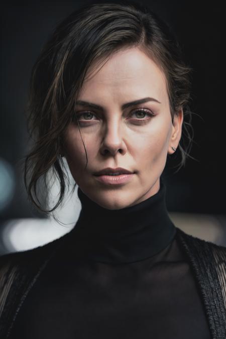 A stunning intricate full color portrait of charlizeT1 , wearing a black turtleneck, epic character composition, by ilya kuvshinov, alessio albi, nina masic, sharp focus, natural lighting, subsurface scattering, f2, 35mm