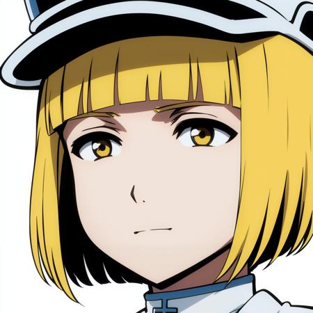 1girl, blonde hair, solo, short hair, (closed mouth:1.1),bored,expressionless,blank eyes,blank stare, yellow eyes, military hat, face, blunt bangs, :d, bob cut, looking at viewer, white background, simple background, portrait, close-up, yellow eyes, undershirt,cross, <lora:Liltotto:1>, <lora:animemix_v3_offset:0.8>