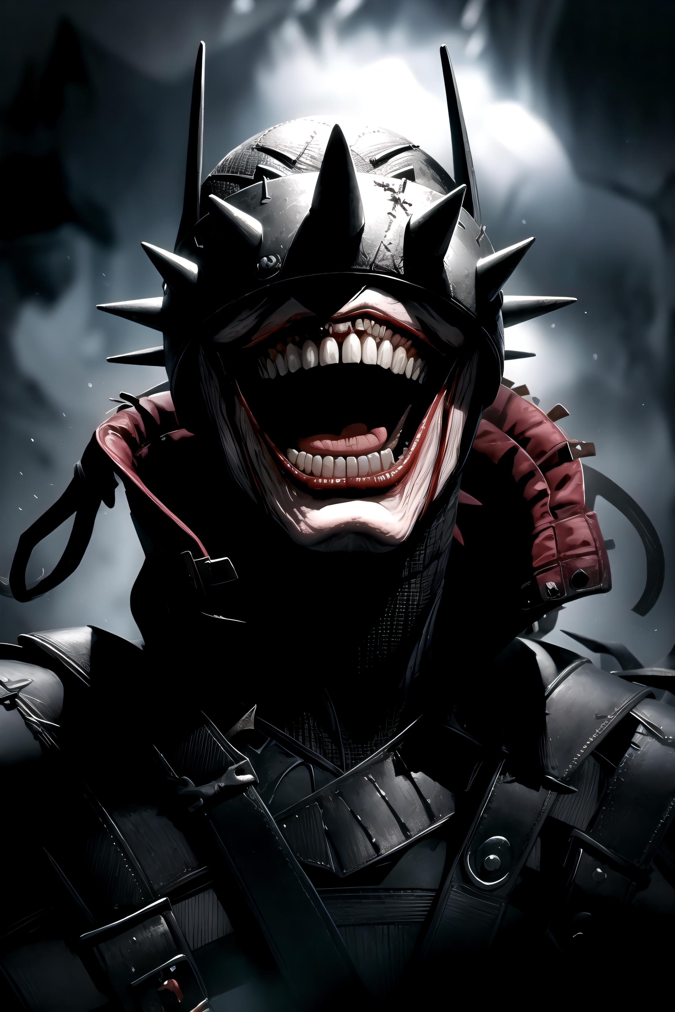 A dark and menacing image of a character with a Joker-like smile and pointy teeth.