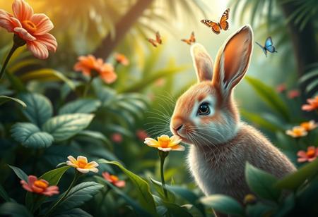 Realistic style. A cute bunny smelling a flower in a lush forest. Butterflies are in the air. There is tropical vegetation. The scene is vibrant and idyllic. Masterpiece,best quality,hi res,8k,hi res,8k,award winning,(sharp focus, intricate, highly detailed)