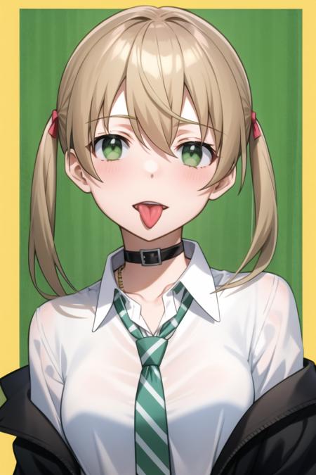 masterpiece, best quality, <lora:MakaAlbarn035-20:1> ,

MakaAlbarn, 1girl, solo, twintails, tongue, tongue out, necktie, shirt, simple background, upper body, white shirt, blush, green necktie, choker, bracelet, yellow background, bow, hair bow, looking at viewer, striped, jewelry, hand up, off shoulder, :p, akanbe, light brown hair, striped necktie, collarbone, collared shirt