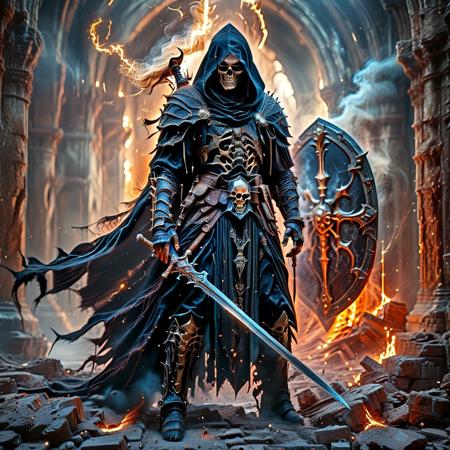A skeletal warrior draped in a tattered black cloak and hood, wielding a cracked sword and a weathered shield, surrounded by flickering, sickening pallid smoke and an ominous arcane aura, standing in the ruins of a shattered cathedral. Digital painting, highly detailed, rich in depth and atmosphere, dark fantasy style, cinematic lighting, intricate textures, 3D rendering feel, masterpiece quality.