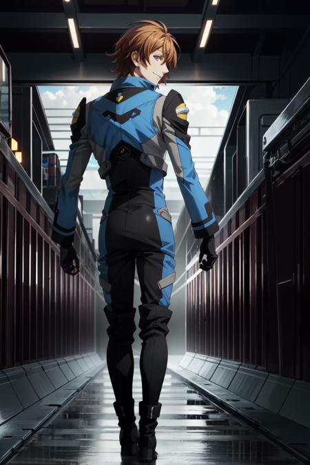 amata sora\(aquarion evol\), solo, 1boy, from behind, male focus, purple eyes, brown hair, short hair, hair between eyes, smile, gloves, bodysuit, pilot suit, boots, hangar, <lora:Amata_Sora_No_commercial_use_is_allowed_LoRA:0.5>