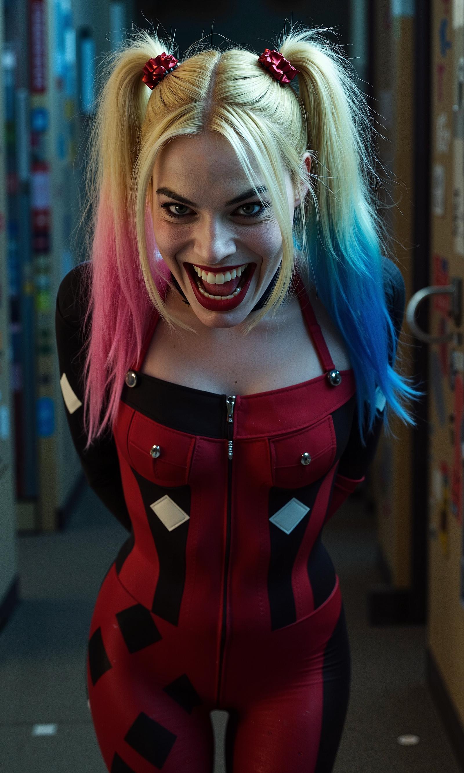 Portrait of margotrobb1e as Harley Quinn looking at the camera with a crazy angry smile. Blonde hair styled in pigtails, one side dyed pink and the other blue. She is wearing a fitted red and black outfit with diamond patterns, along with white face makeup and dark eye makeup. Her expression is mischievous, with a wide, confident grin. She's standing in a chaotic urban setting with graffiti-covered walls and dim lighting, capturing her rebellious and unpredictable nature.