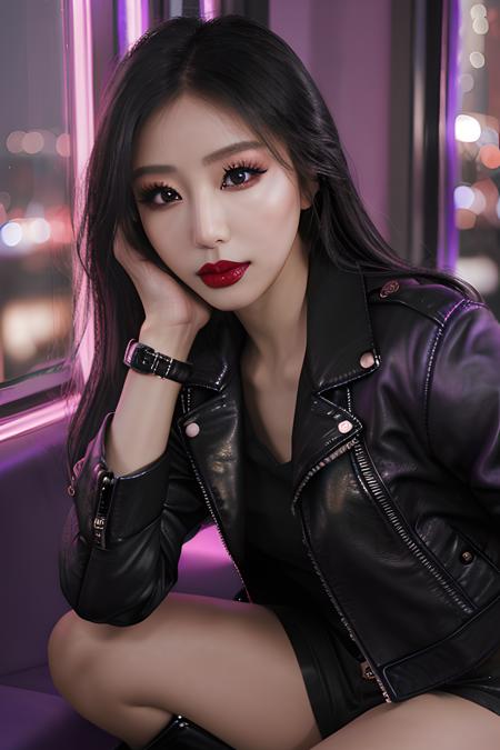 (<lora:ndoshi:0.5>), hyperrealistic, raw, shot on Sony A7R Mark IVA,  (kpop makeup1.4), ((perfect detailed eyes:1.4)), (black leather jacket:1.2), (red lipstick), soft light, ((glass)), hyperrealistic reflection, (wide hips), (high platform boots), ((sharp focus)), purple light, (night city background)