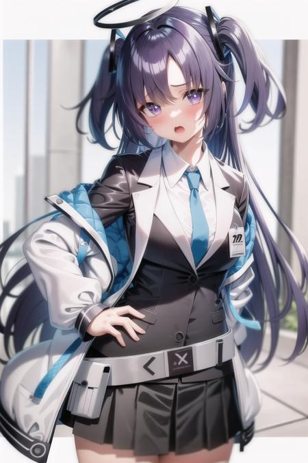 1girl, bangs, belt, black jacket, black skirt, blue necktie, blush, breasts, collared shirt, formal, halo, hand on hip, id card, jacket, long hair, long sleeves, looking at viewer, medium breasts, multicolored jacket, necktie, off shoulder, open clothes, open jacket, open mouth, parted bangs, pleated skirt, purple eyes, purple hair, shirt, simple background, skirt, solo, suit, two side up, white background, white belt, white jacket, white shirt, yuuka \(blue archive\), masterpiece, highres, (best quality:1.2)