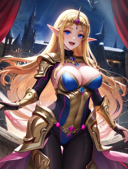 best quality, masterpiece, highres, detailed, digital artwork, <lora:Detail - add_detail:0.2>,  DarkIrregCh, bodysuit, night, <lyco:DarkIrregCh:0.8>, BREAK   ZeldaHW, tiara, blue eyes, blonde hair, pink and gold armor, fangs, <lora:Character - ZeldaHW:0.6>