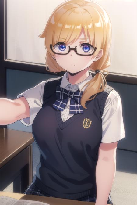 emilythomas, <lora:emily thomas anime s1-lora-nochekaiser:1>,
emily thomas, long hair, blue eyes, blonde hair, glasses, semi-rimless eyewear, black-framed eyewear, under-rim eyewear,
BREAK shirt, bow, school uniform, white shirt, short sleeves, bowtie, sweater vest,
BREAK indoors, classroom,
BREAK looking at viewer,
BREAK <lyco:GoodHands-beta2:1>, (masterpiece:1.2), best quality, high resolution, unity 8k wallpaper, (illustration:0.8), (beautiful detailed eyes:1.6), extremely detailed face, perfect lighting, extremely detailed CG, (perfect hands, perfect anatomy),