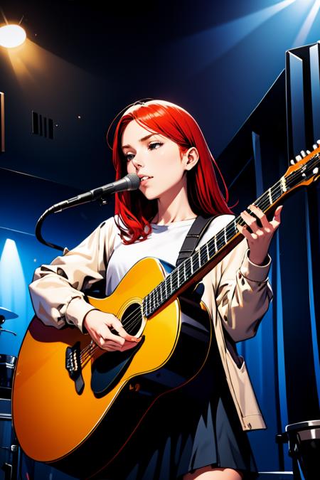 1girl, solo, redhead, Musician, Musical attire, Recording studio, Composing music, Performing live, guitar