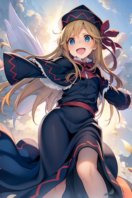 masterpiece, best quality,   <lora:llw:1>,1girl, lily white, blonde hair,black hat, long hair, solo, wings, open mouth,black dress, outstretched arms, smile, blue eyes, cloud, fairy wings, capelet, spread arms, sky, bow,  wide sleeves, :d, blush, long sleeves, fairy, day, flying, ribbon, blue sky