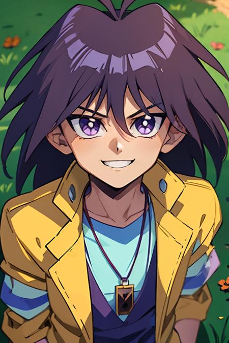 (masterpiece, best quality, ultra-detailed), 1boy, purple hair, (portrait shot), looking at viewer, smiling expression, Mokuba Kaiba, park, grass, boy body