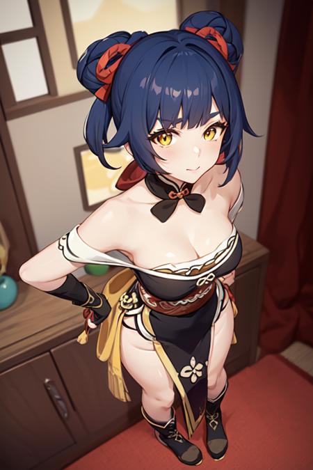 <lora:xiangling_first-000003:0.7>xiangling_\(genshin_impact\), 1girl,  blue_hair, hair_rings,dress, fingerless_gloves, black gloves, chinese_boots, black_boots, pelvic_curtain, yellow_curtain, gloves, short_hair, bell, red_ribbon, chinese clothes, (masterpiece:1.6, best quality), (finely detailed beautiful eyes: 1.2), ultra-detailed, illustration,beautiful detailed eyes, looking at viewer, close up, full body, (breast focus), (arms behind back:1.2), (from above:1.1),   (breasts out:1.3), (off shoulder:1.1), (full_body) ,  shiny skin,